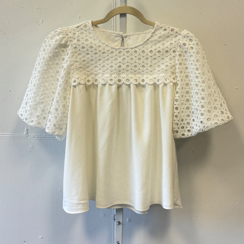 English‎ Factory White Eyelet Lace Puff Sleeve Babydoll Blouse Top Med Coquette